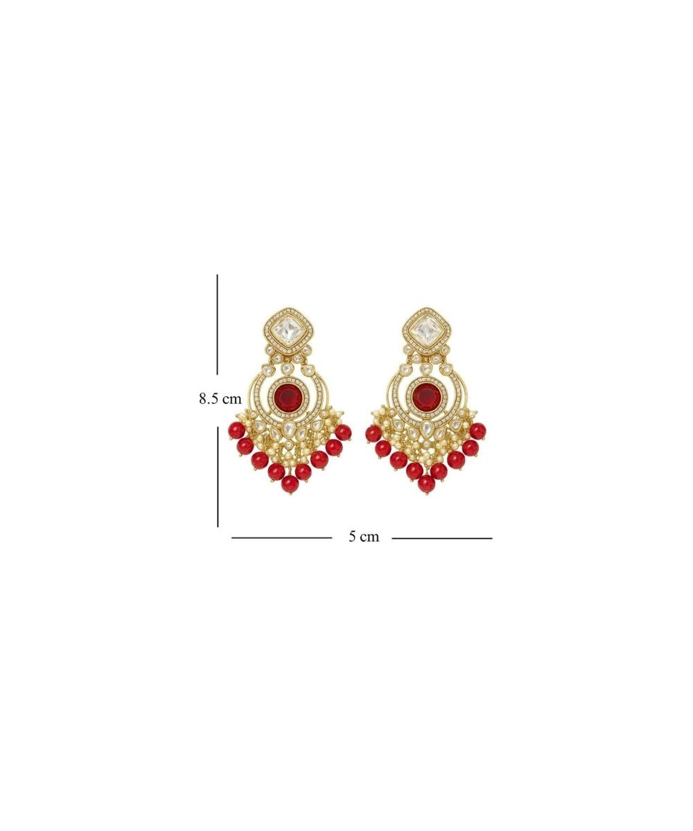 Gold Plated Red Chandbali Pearl Drop Earrings
