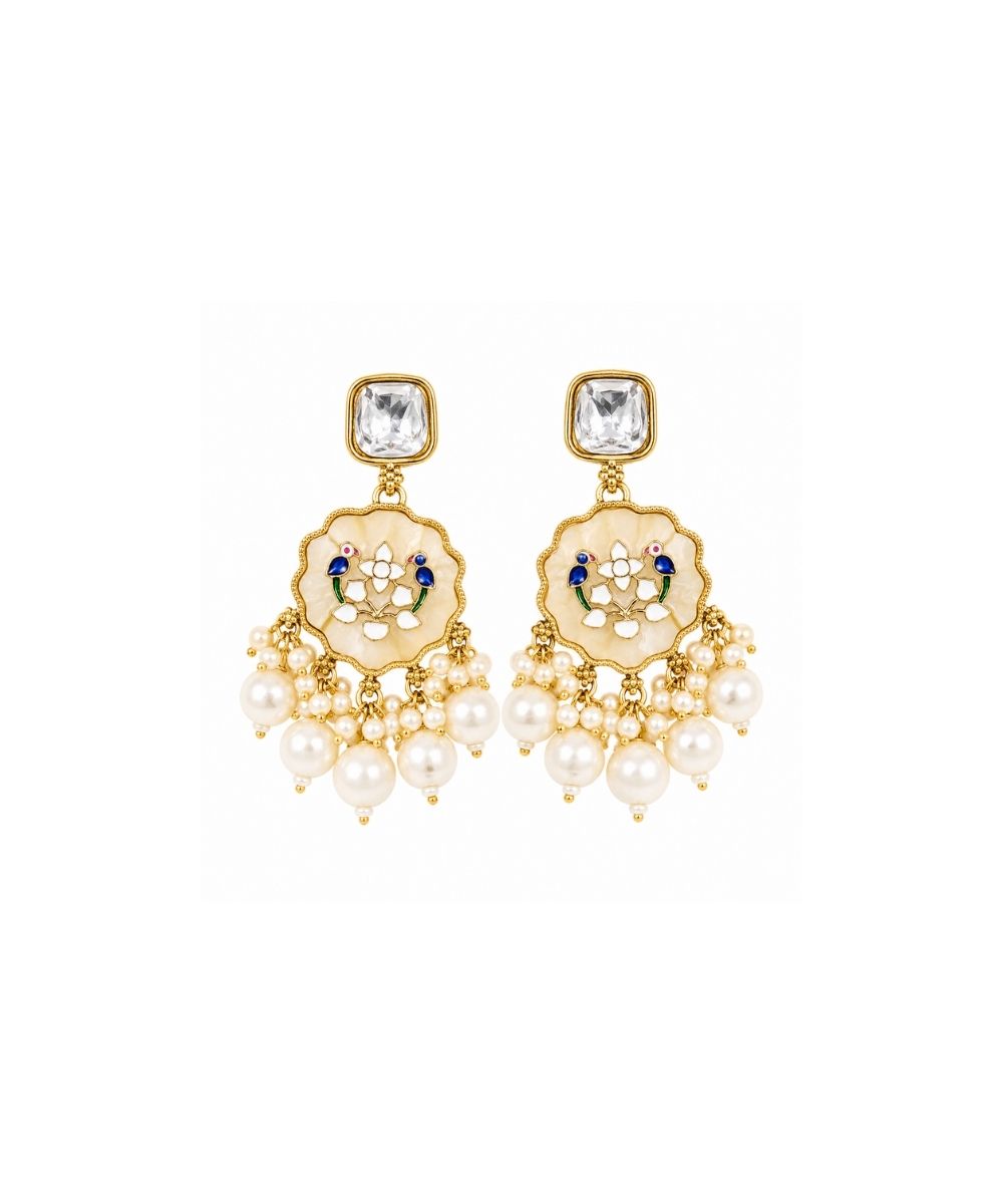 Gold Plated Kundan White Pearl Drop Earrings