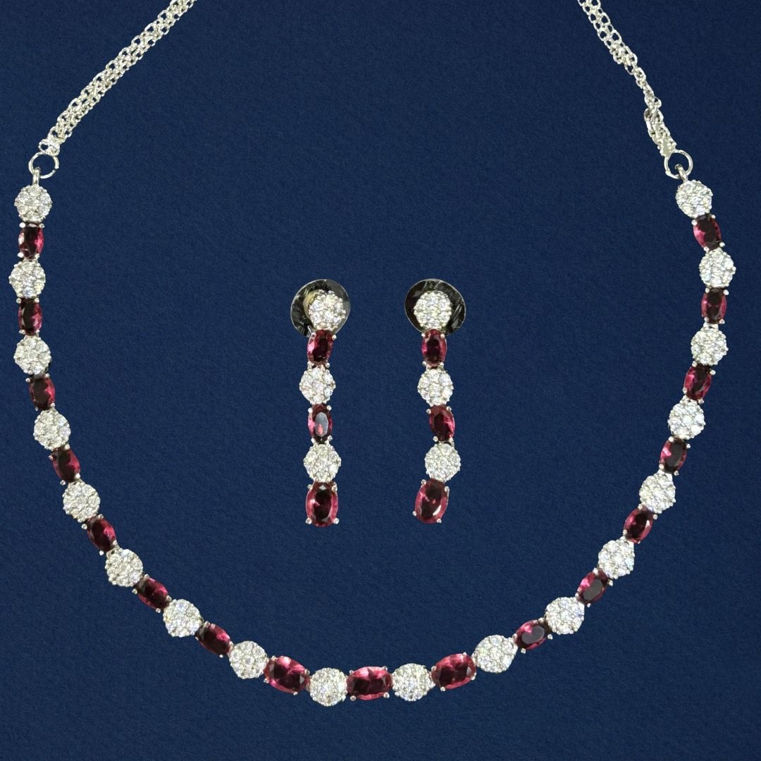 Red Ruby and Cubic Zirconia Rhodium-Plated Choker & Earrings Set