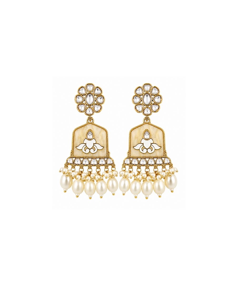 Gold Plated Kundan White Pearl Drop Earrings