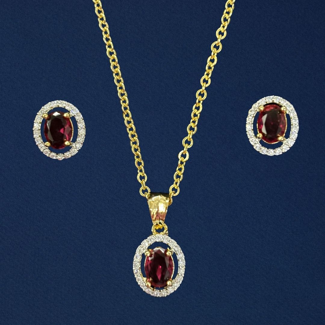 Red Ruby Luxe Gold-Plated Solitaire Halo Pendant & Earrings Set – A Regal Touch of Red