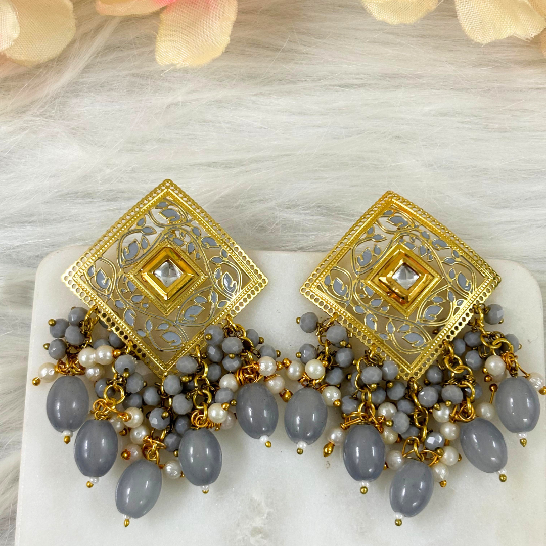 BDiva 18k Gold Plated Royal Square Pearl & Grey Beaded Dangle Earrings with a Fusion of Tradition and Modern Glamour