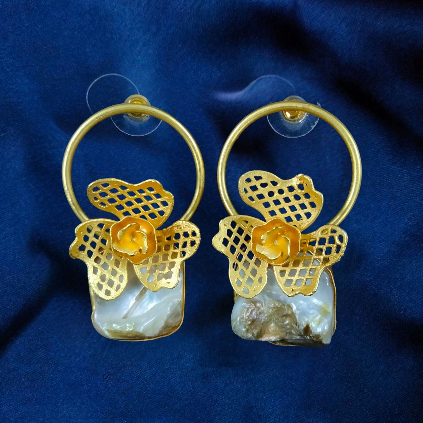 Bdiva 18K Gold Plated Intricately Carved Earrings With And Mother Of Pearl.