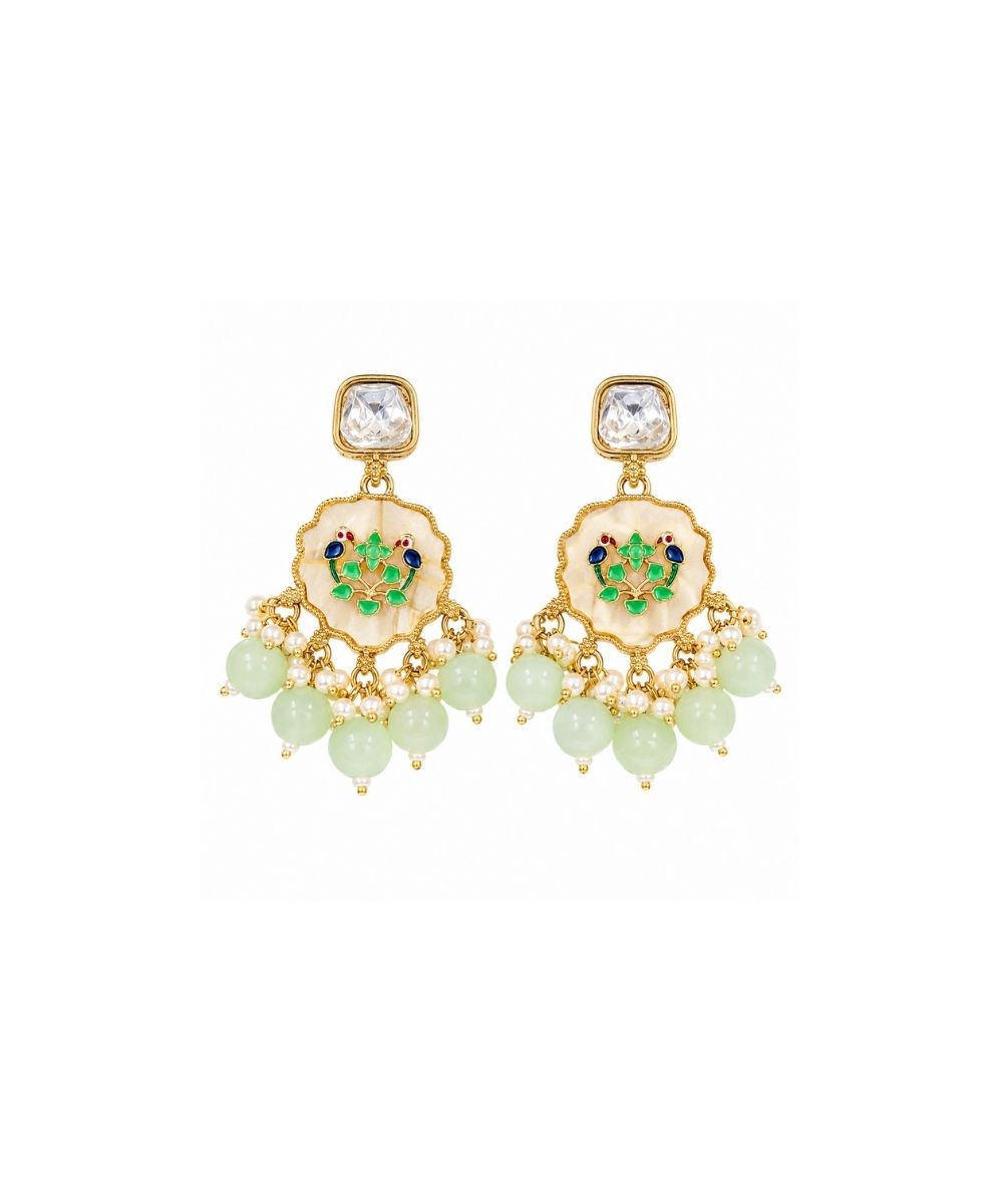 Gold Plated Kundan Green Pearl Drop Earrings