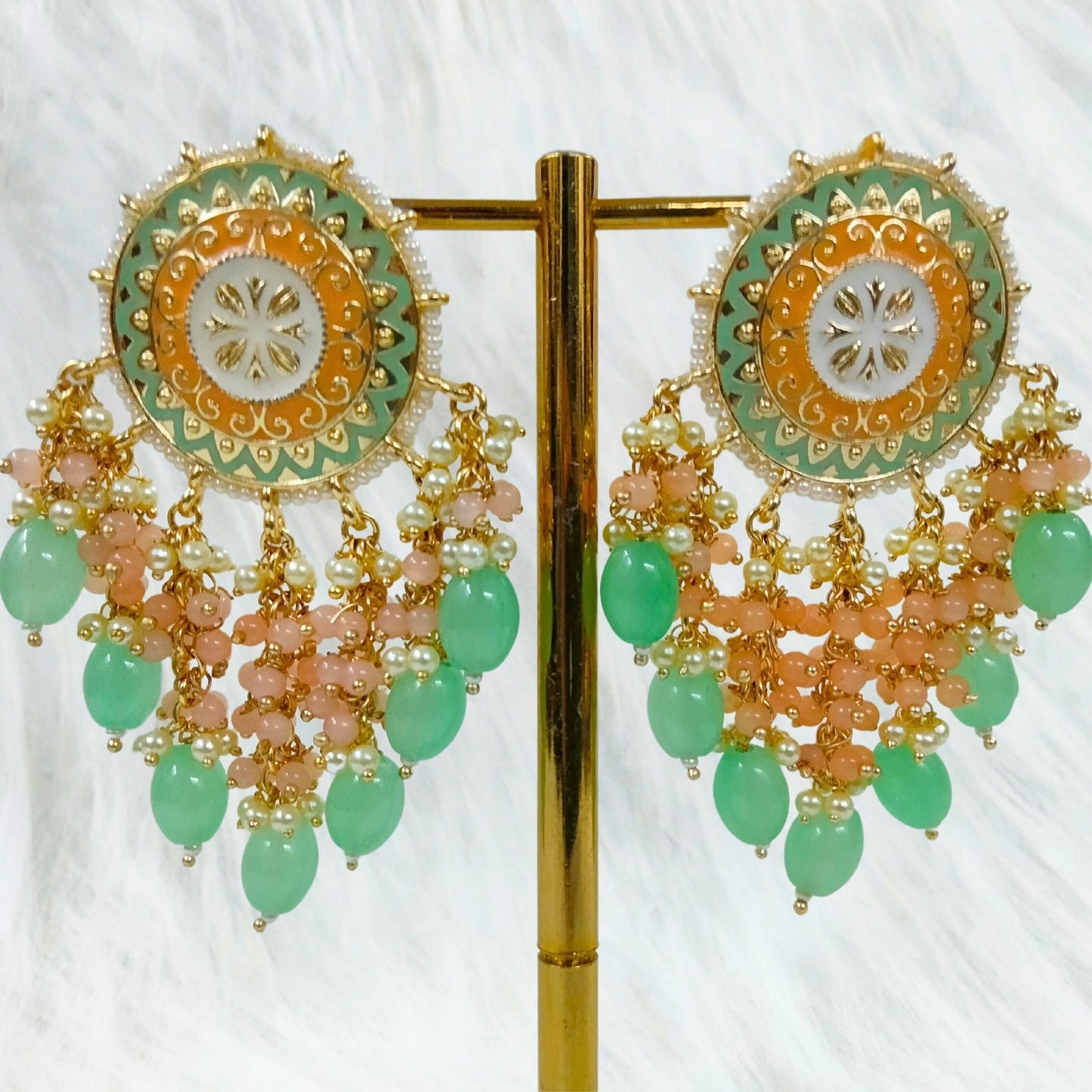 Bdiva 18K Gold Plated Green Coral Chandbali Earrings with Semi Cultured Pearls.
