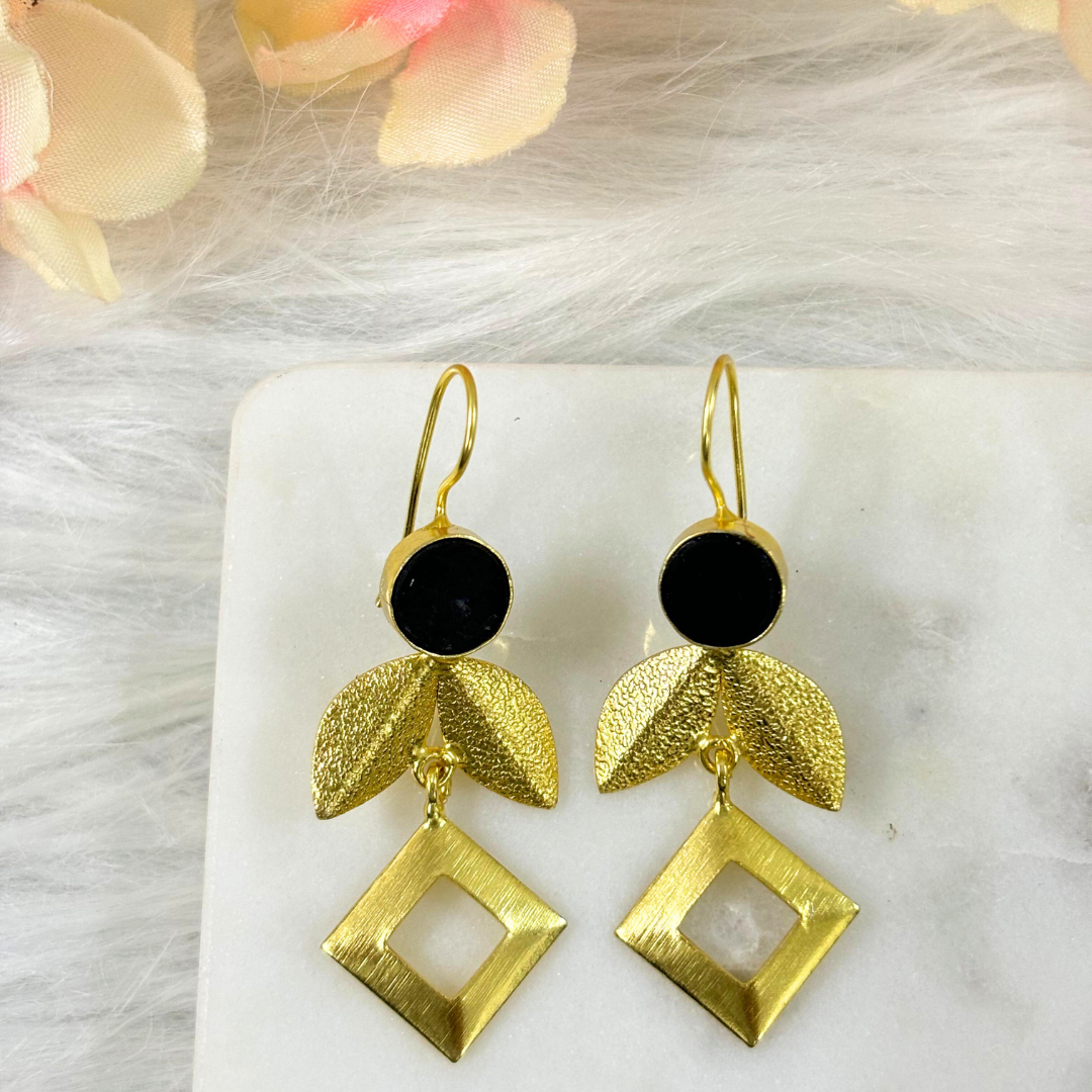 Bdiva 18K Gold Plated Modern Geometric Leaf Earrings with Black Circular Stone