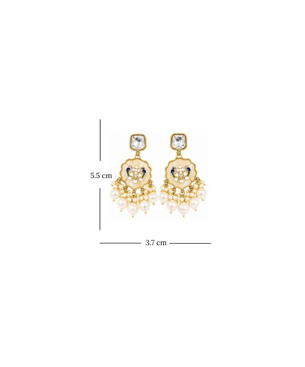 Gold Plated Kundan White Pearl Drop Earrings