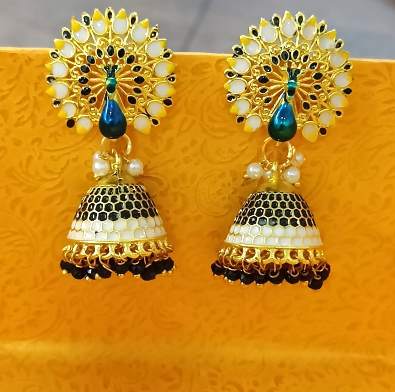 Bdiva 18K Gold Plated Meeankari Peacock Earrings with Semi Cultured Pearls.