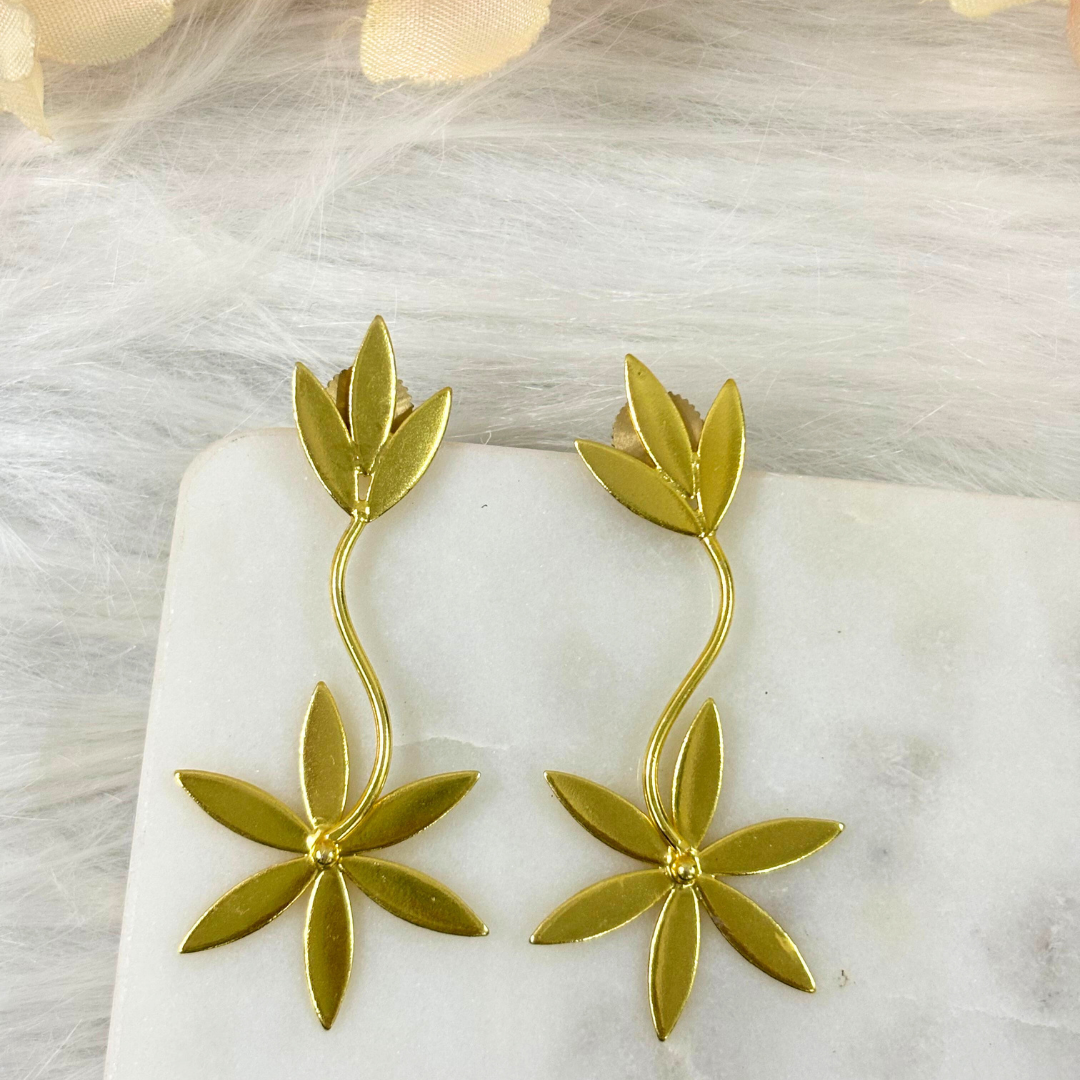 BDiva Lightweight Leaf Drop Floral Drop 18K Gold Plated Earrings