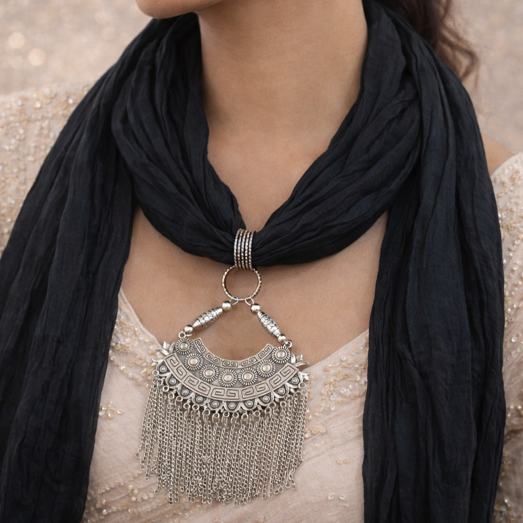 Black Georgette Scarf With Oxidized Motif