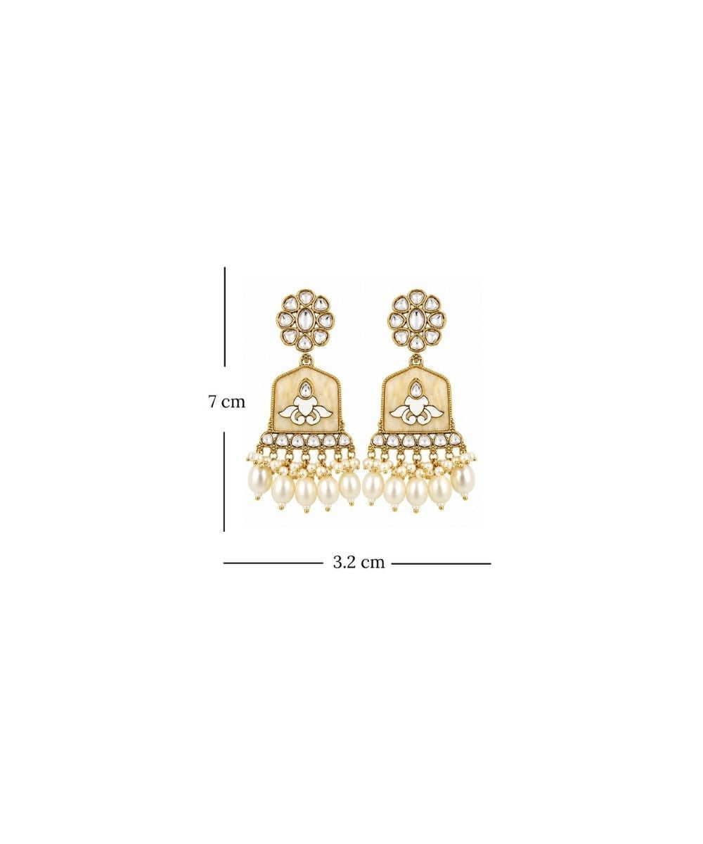 Gold Plated Kundan White Pearl Drop Earrings