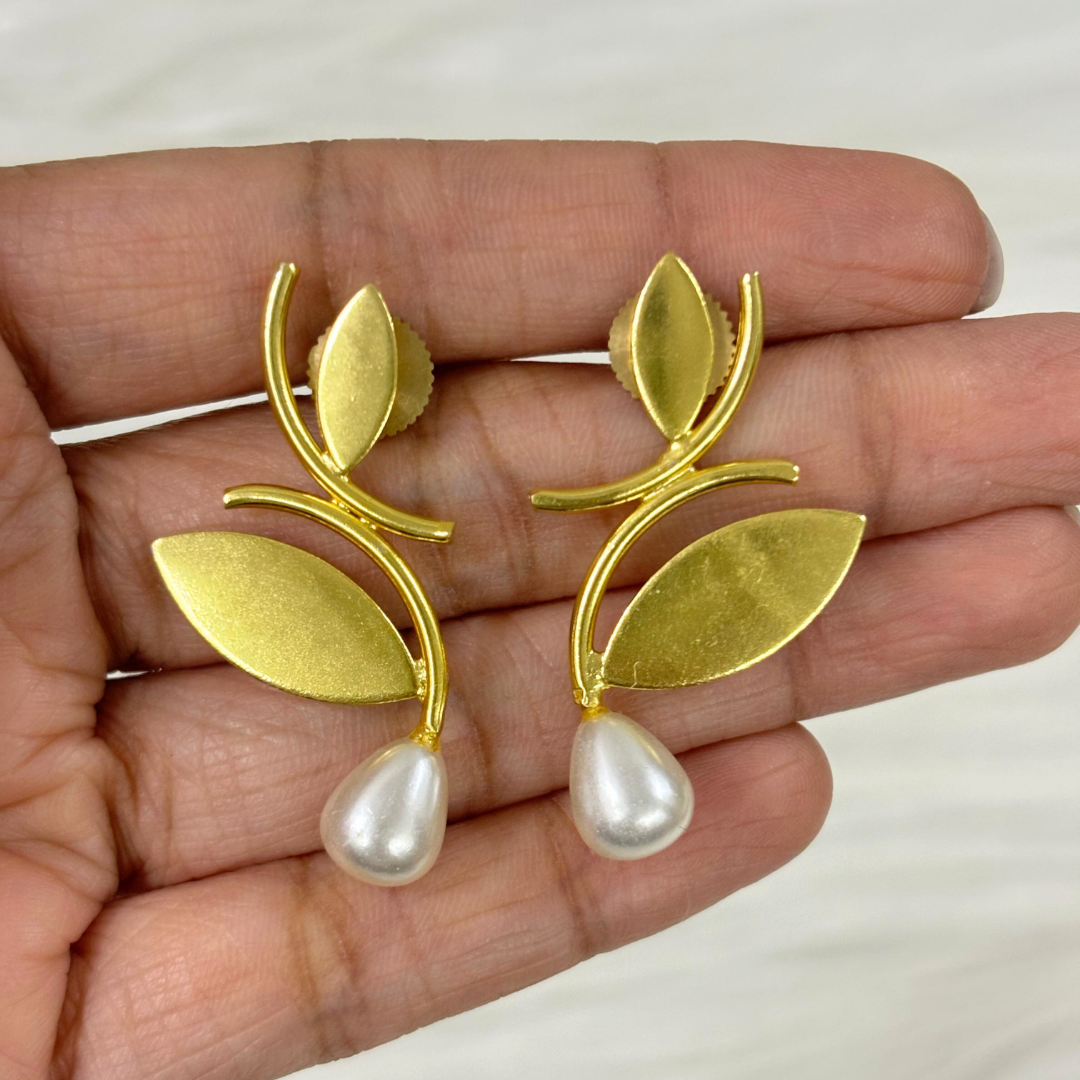 Bdiva 18K Gold Plated Leaf Pearl Drop Earrings with a Redefine Modern Elegance