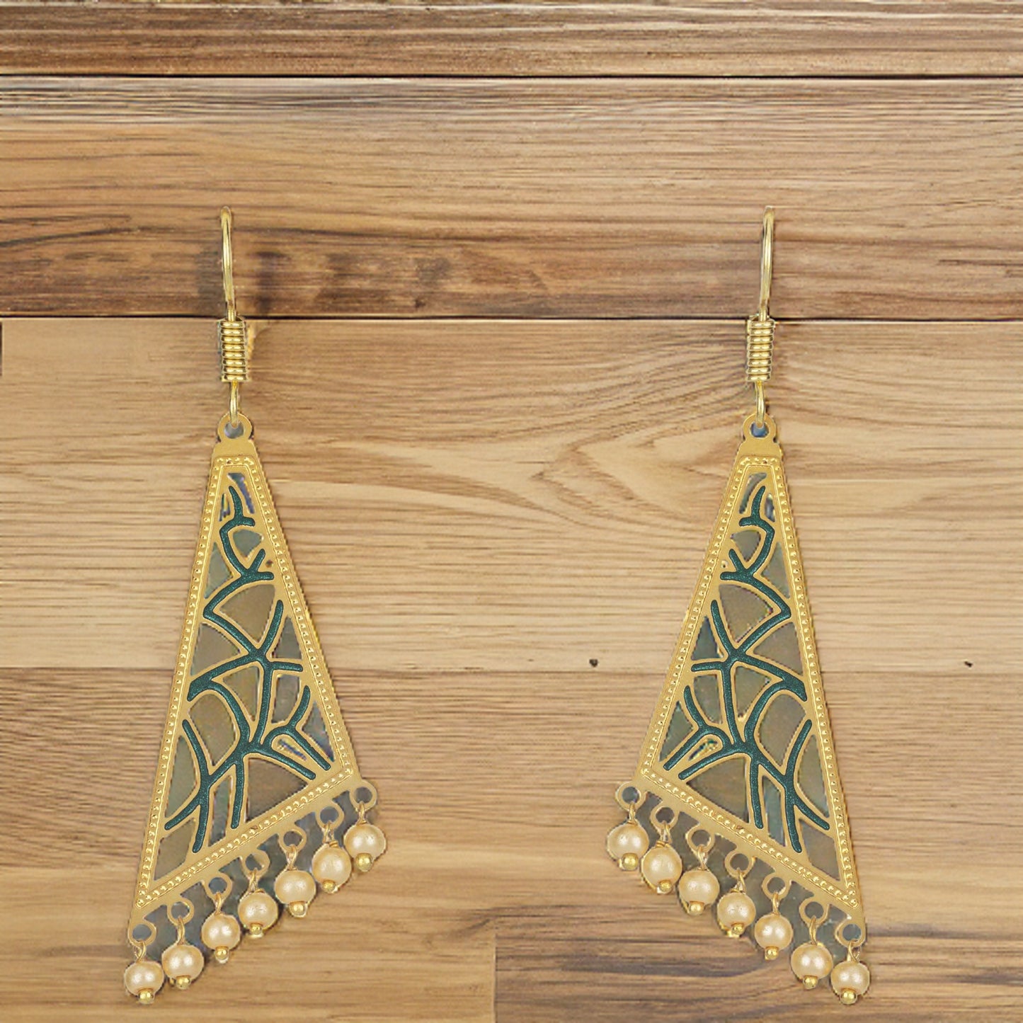 Bdiva 18K Gold Plated Green Enamelled Intricately Carved Earrings
