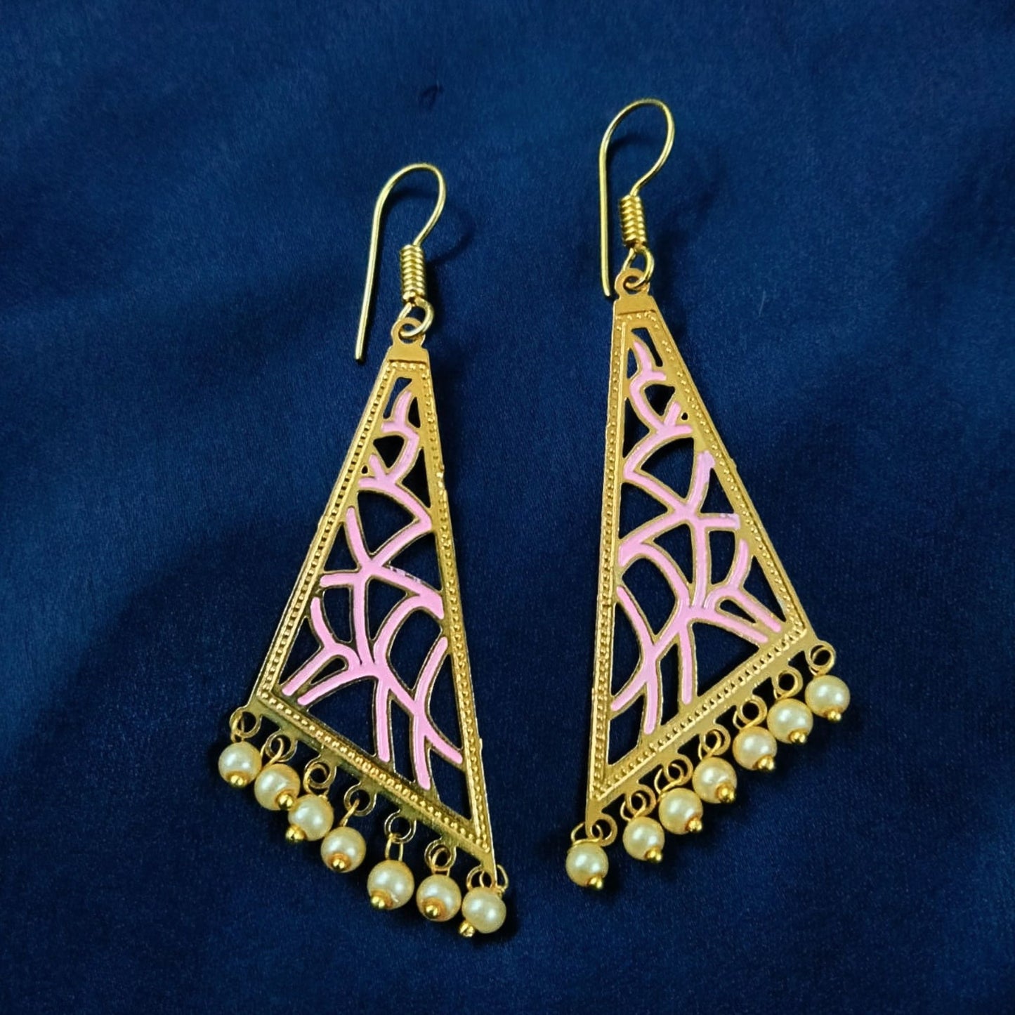 Bdiva 18K Gold Plated Pink Enamelled Intricately Carved Earrings.
