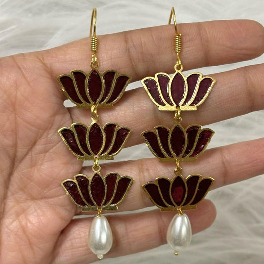 Bdiva 18K Gold Plated Light Weight Red Lotus Earrings.