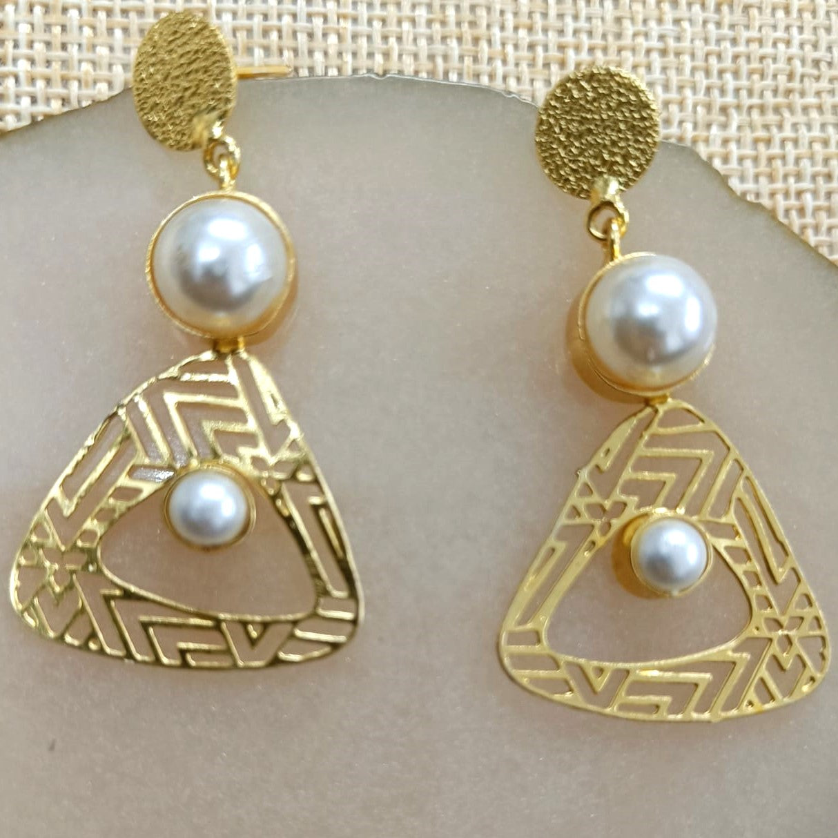 Bdiva 18K Gold Plated Light Weight Triangale Pearl Danglers.