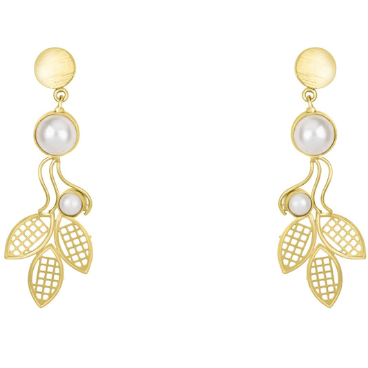 Bdiva 18K Gold Plated Light Weight Leaf Pearl Danglers.