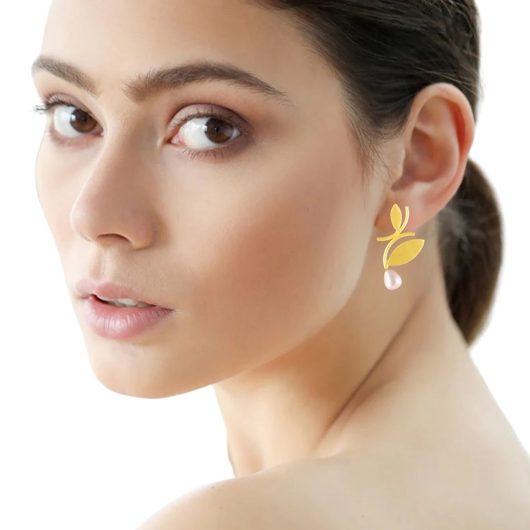 Bdiva 18K Gold Plated Leaf Pearl Drop Earrings with a Redefine Modern Elegance