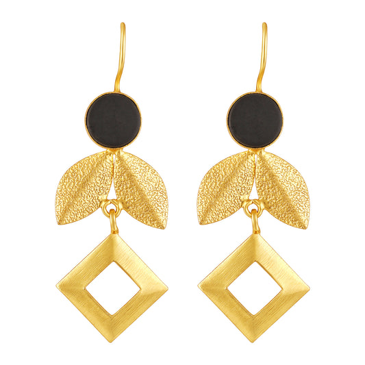 Bdiva 18K Gold Plated Modern Geometric Leaf Earrings with Black Circular Stone