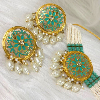 Green Enamel Kundan Pearl Choker Set