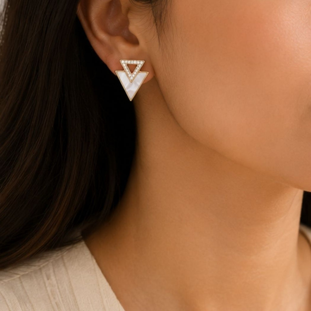 Gold Plated Triangle Shape Cubic Zirconia Stud Earrings