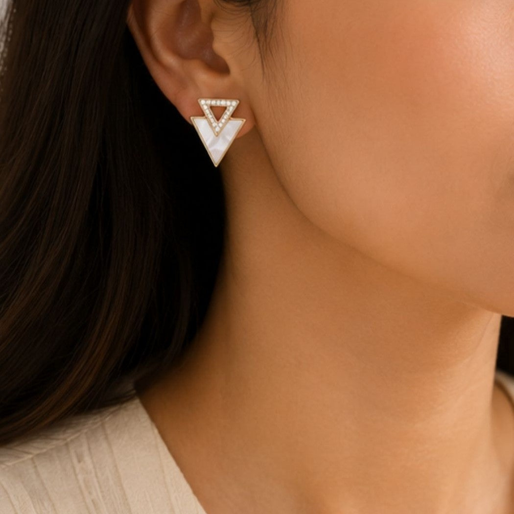 Gold Plated Triangle Shape Cubic Zirconia Stud Earrings