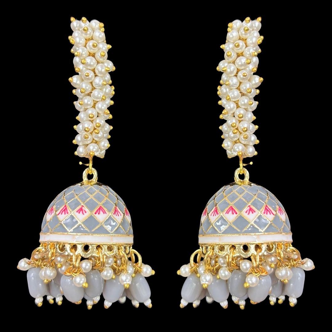 High-Quality Gold-Plated Jhumkis with Grey Enamel & Semi-Cultured Pearls