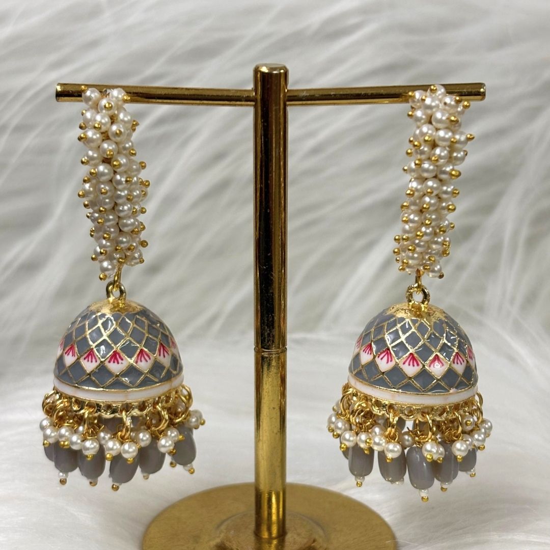 High-Quality Gold-Plated Jhumkis with Grey Enamel & Semi-Cultured Pearls