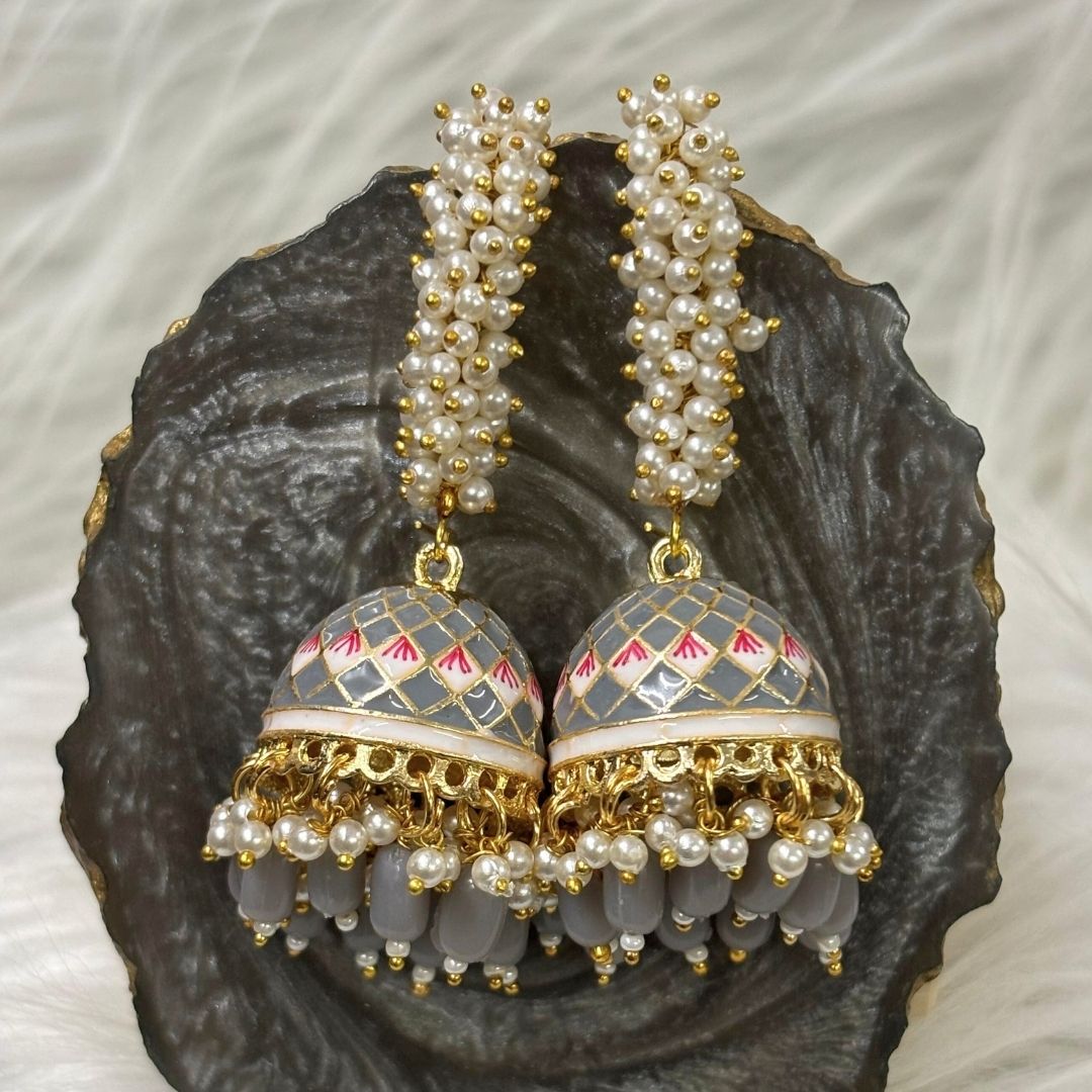 High-Quality Gold-Plated Jhumkis with Grey Enamel & Semi-Cultured Pearls