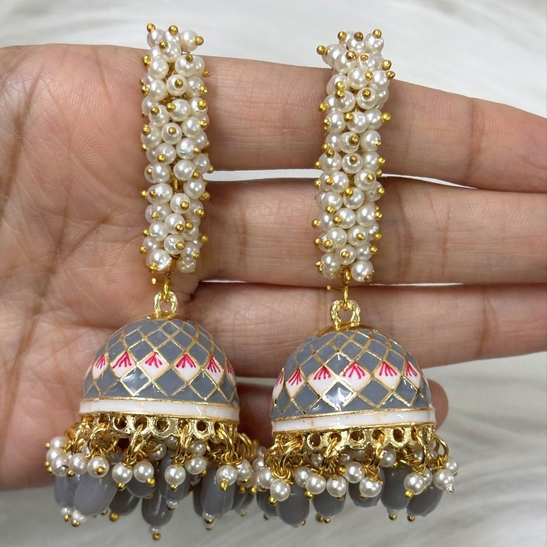 High-Quality Gold-Plated Jhumkis with Grey Enamel & Semi-Cultured Pearls