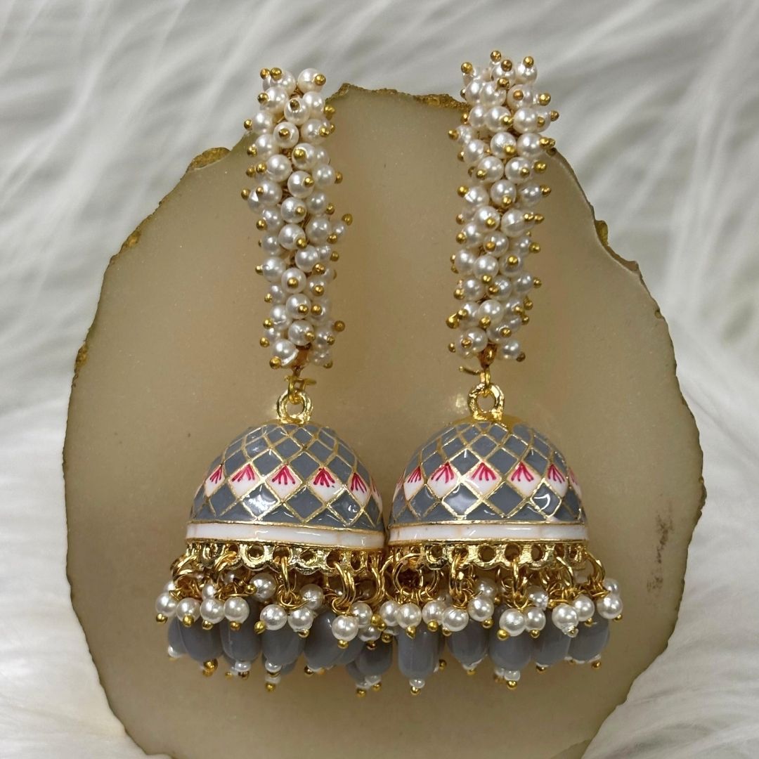 High-Quality Gold-Plated Jhumkis with Grey Enamel & Semi-Cultured Pearls