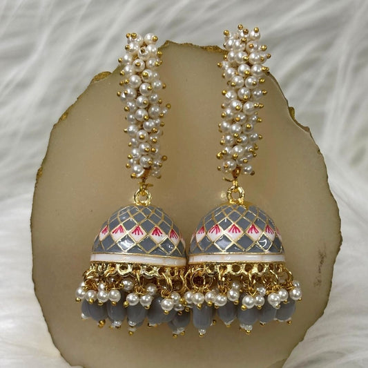 High-Quality Gold-Plated Jhumkis with Grey Enamel & Semi-Cultured Pearls