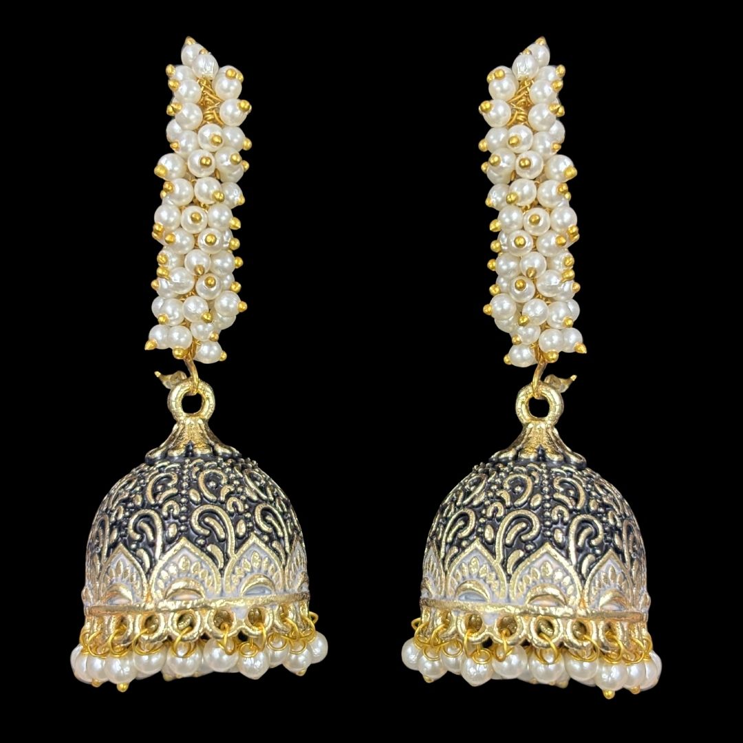 Gold-Plated Traditional Jhumkis with Black Enamel and Pearl Drops