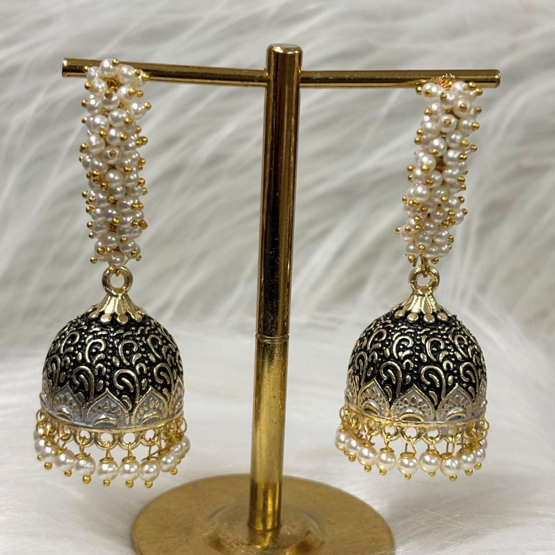 Gold-Plated Traditional Jhumkis with Black Enamel and Pearl Drops