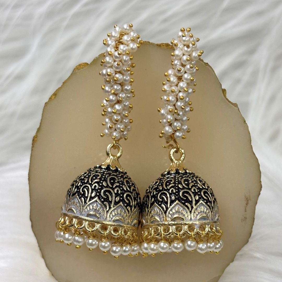 Gold-Plated Traditional Jhumkis with Black Enamel and Pearl Drops