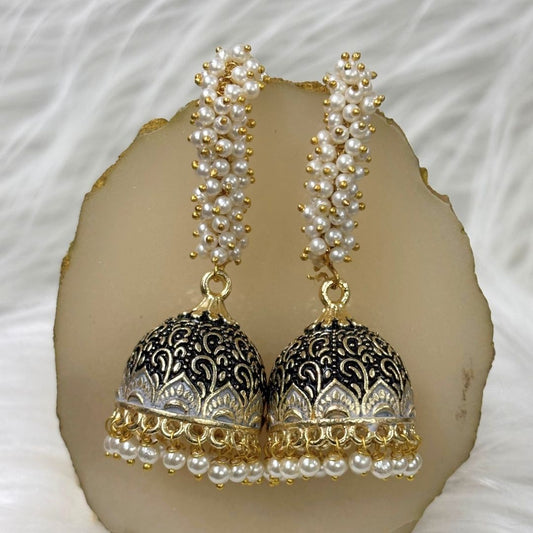 Gold-Plated Traditional Jhumkis with Black Enamel and Pearl Drops
