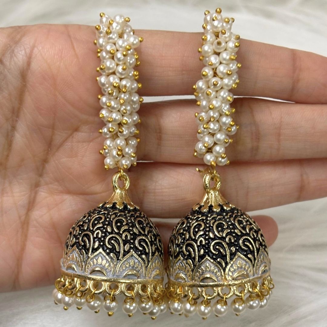 Gold-Plated Traditional Jhumkis with Black Enamel and Pearl Drops