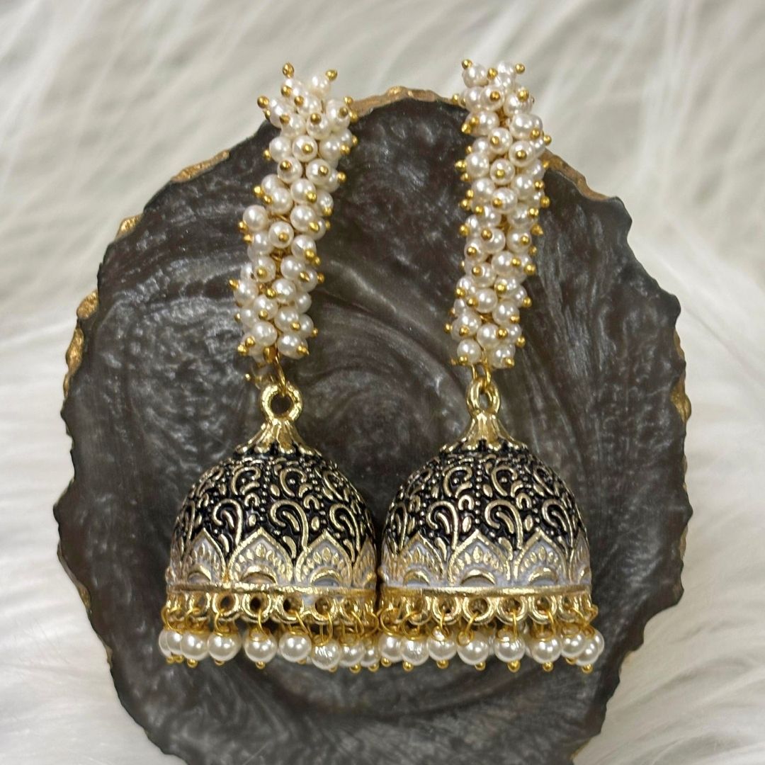 Gold-Plated Traditional Jhumkis with Black Enamel and Pearl Drops