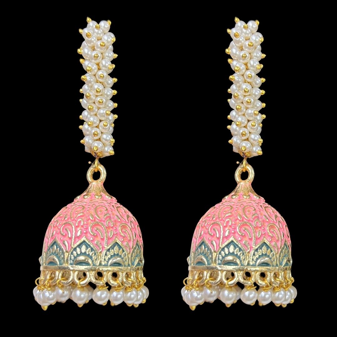 High-Quality Gold-Plated Jhumkis with PinkEnamel Work and Semi-Cultured Pearls