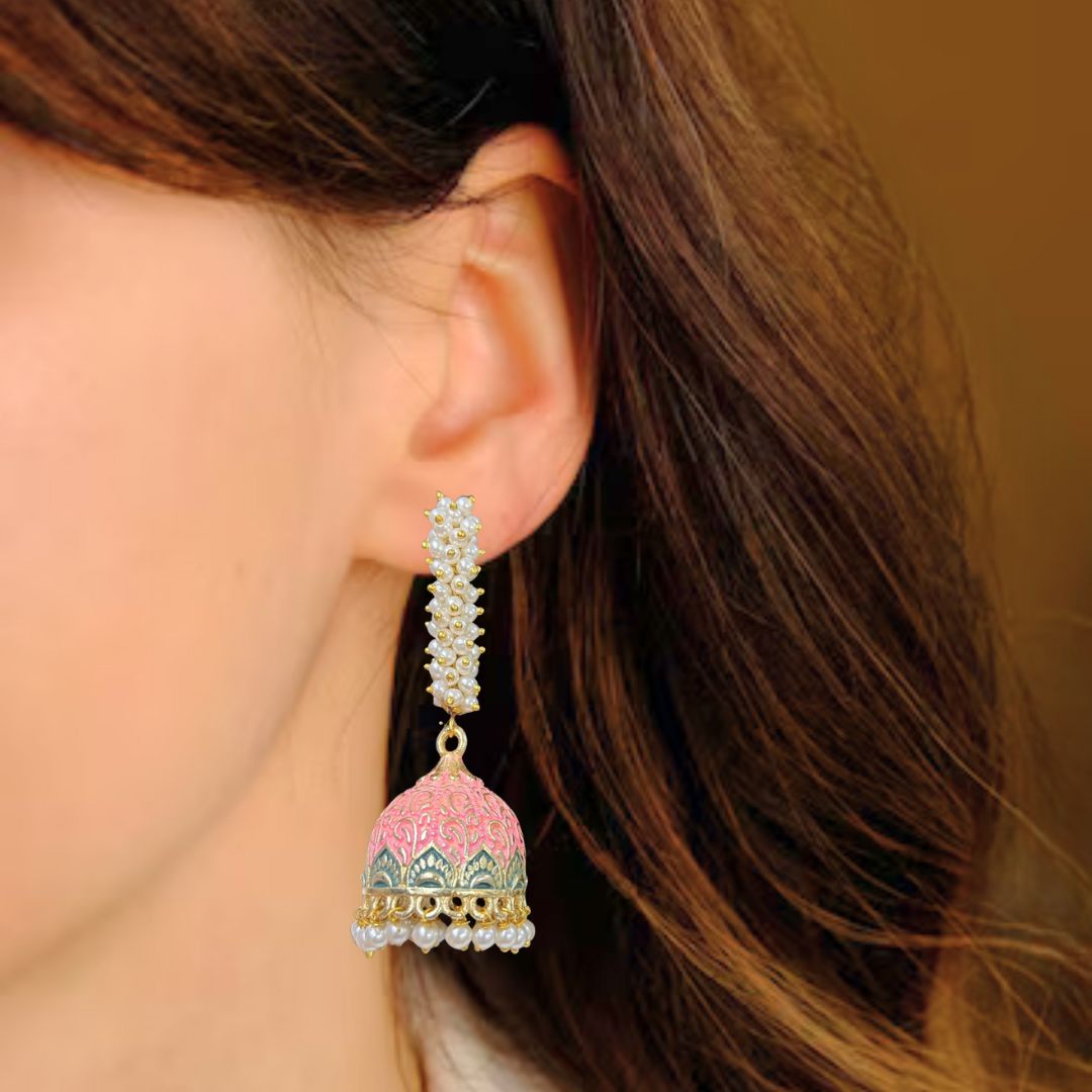High-Quality Gold-Plated Jhumkis with PinkEnamel Work and Semi-Cultured Pearls