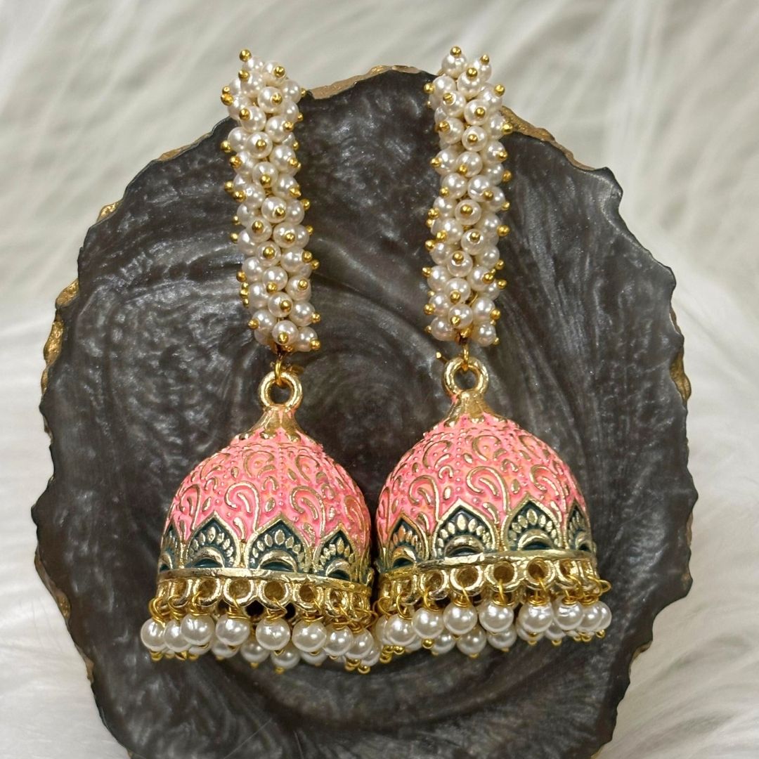 High-Quality Gold-Plated Jhumkis with PinkEnamel Work and Semi-Cultured Pearls