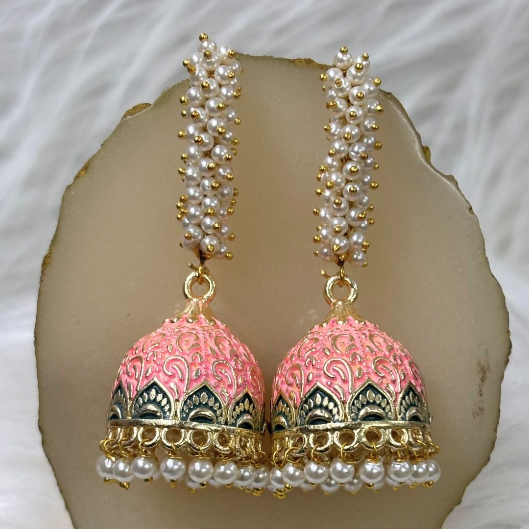 High-Quality Gold-Plated Jhumkis with PinkEnamel Work and Semi-Cultured Pearls