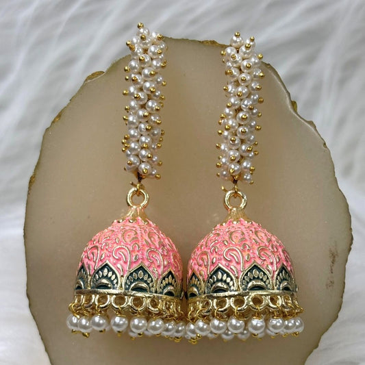 High-Quality Gold-Plated Jhumkis with PinkEnamel Work and Semi-Cultured Pearls