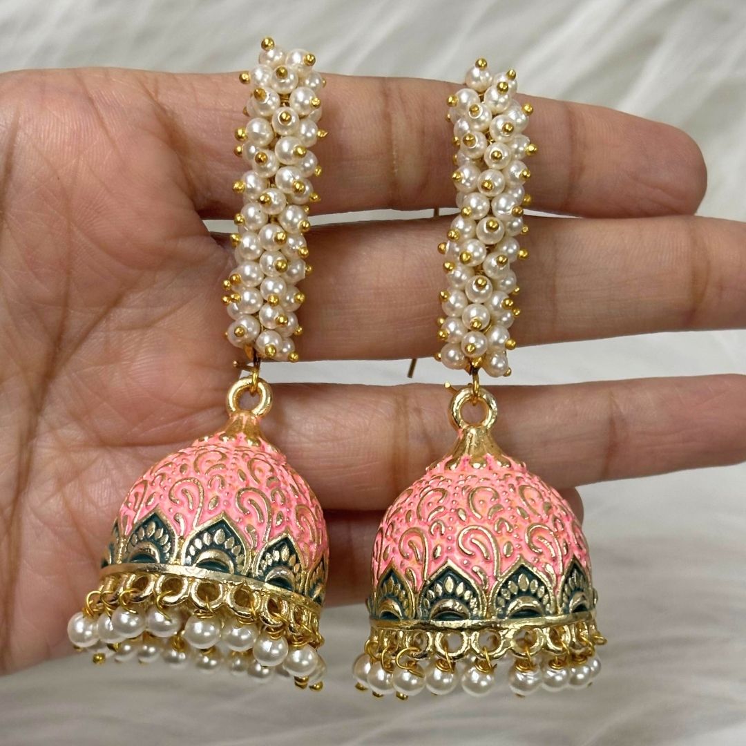 High-Quality Gold-Plated Jhumkis with PinkEnamel Work and Semi-Cultured Pearls