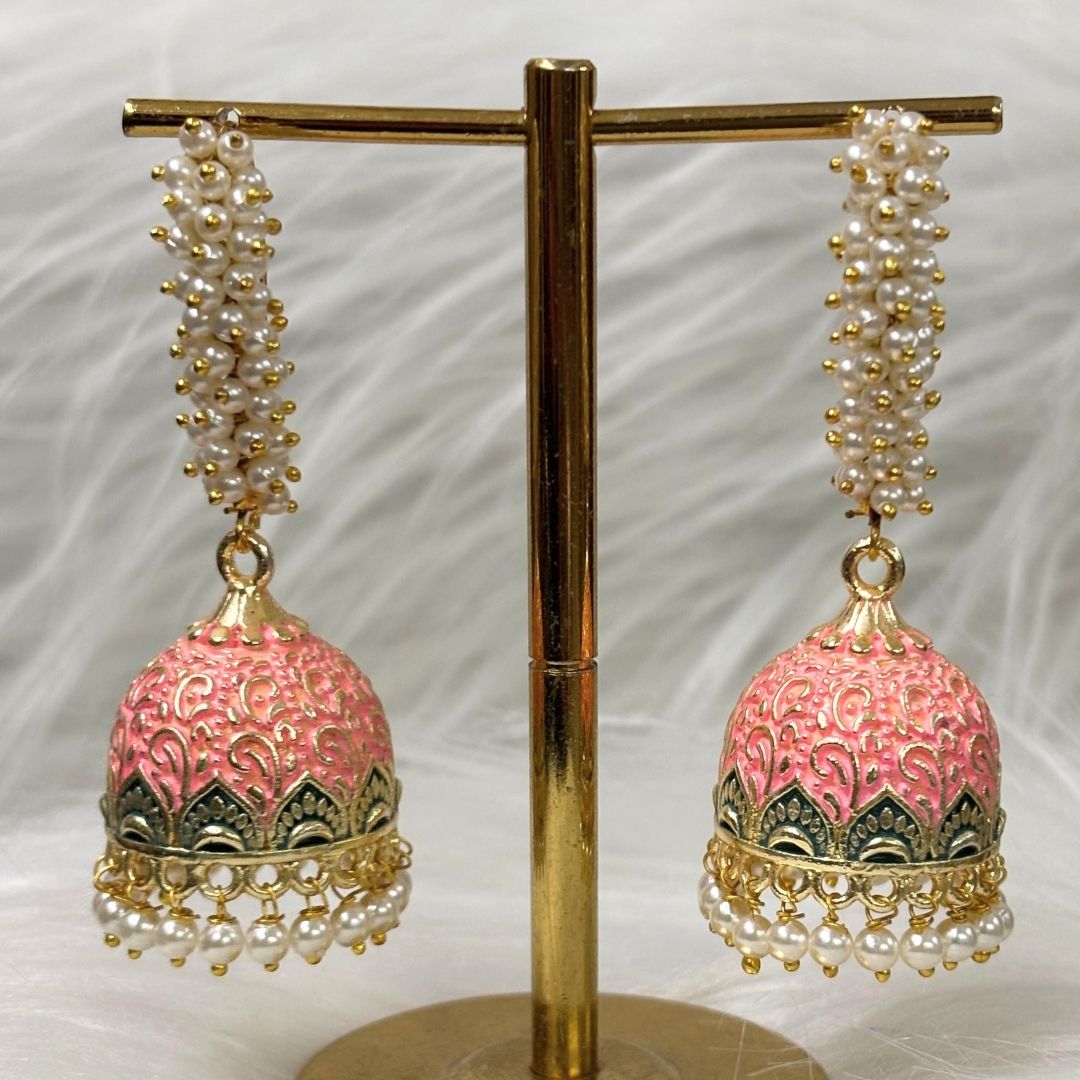 High-Quality Gold-Plated Jhumkis with PinkEnamel Work and Semi-Cultured Pearls