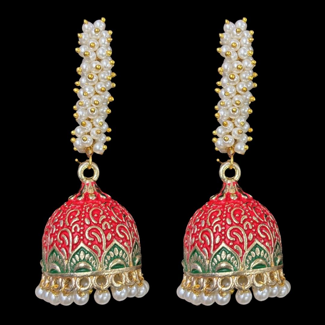 Handcrafted Red Enamel Gold-Plated Jhumkis with Semi-Cultured Pearls