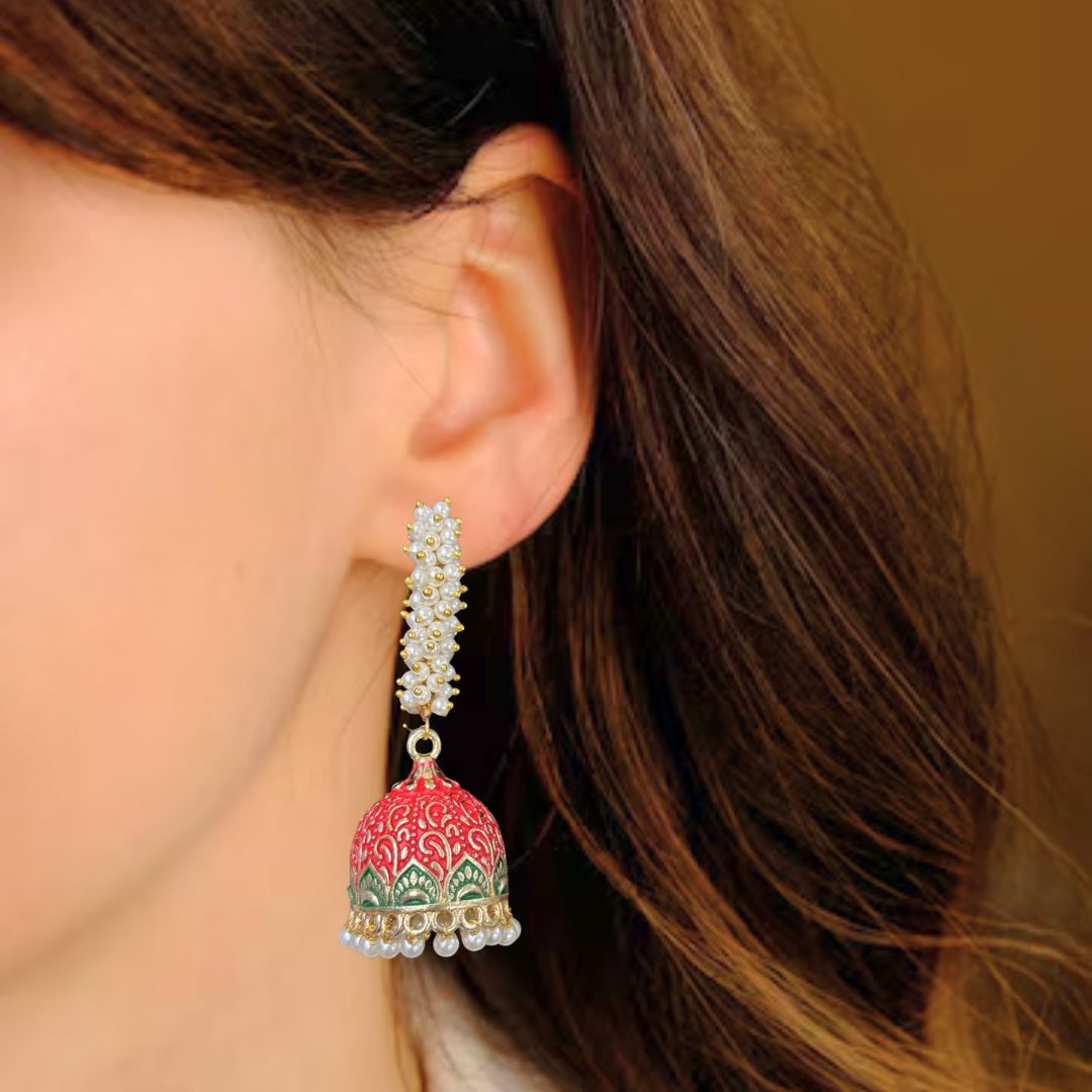 Handcrafted Red Enamel Gold-Plated Jhumkis with Semi-Cultured Pearls