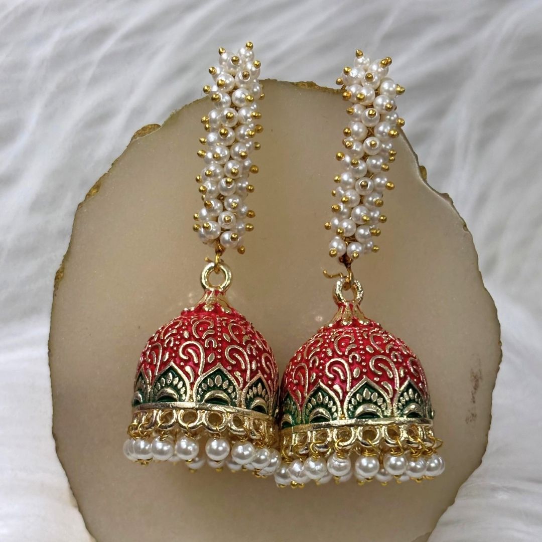 Handcrafted Red Enamel Gold-Plated Jhumkis with Semi-Cultured Pearls