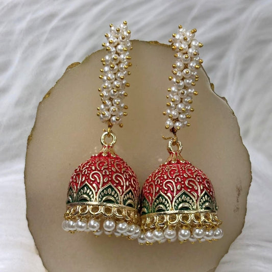 Handcrafted Red Enamel Gold-Plated Jhumkis with Semi-Cultured Pearls