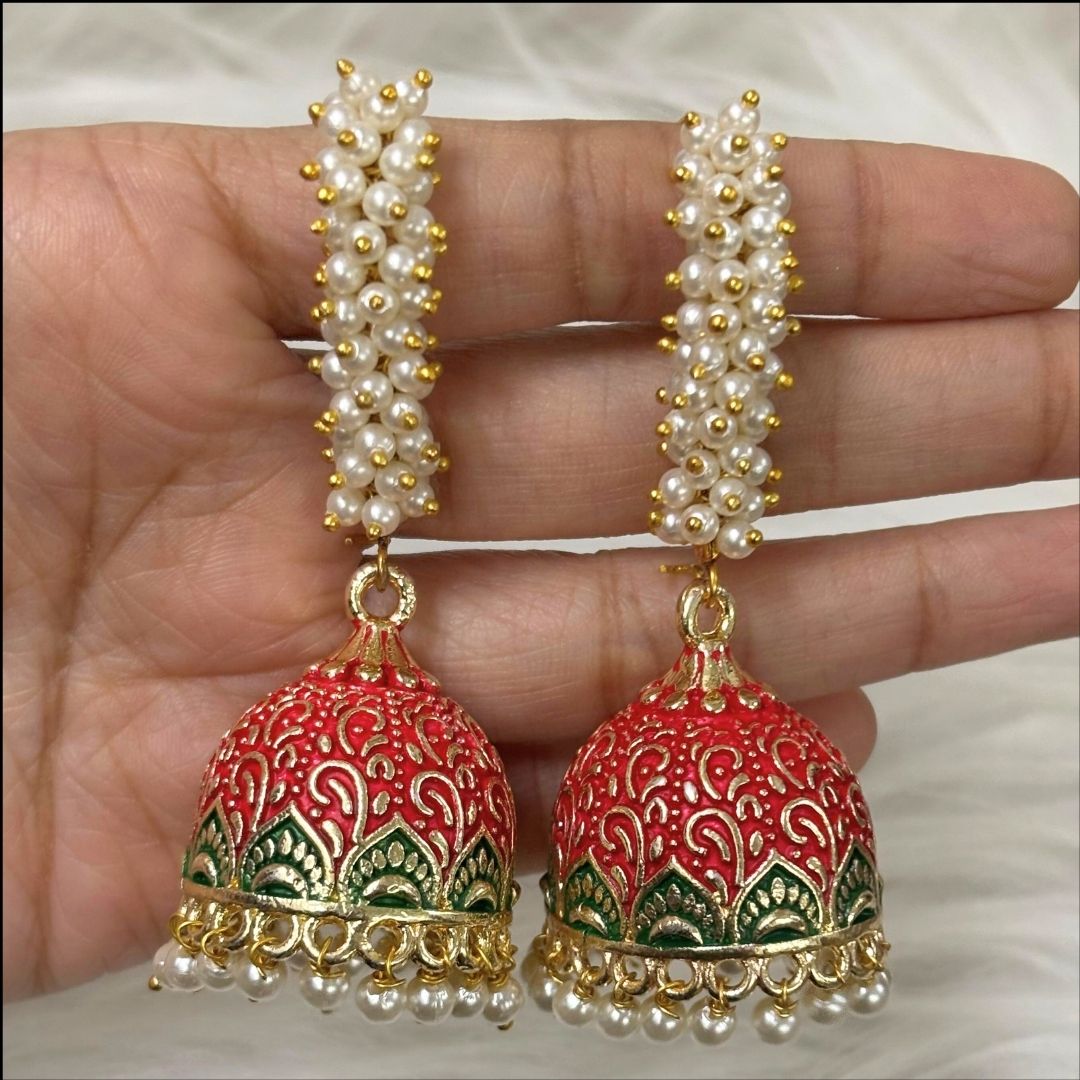 Handcrafted Red Enamel Gold-Plated Jhumkis with Semi-Cultured Pearls